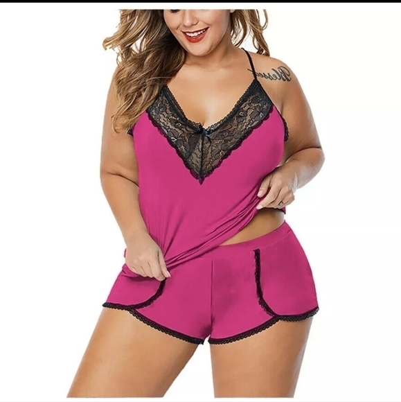 TWO-PIECE Lace Trim Lingerie Shorts and Camisole Set Pajamas - Picture 1 of 5